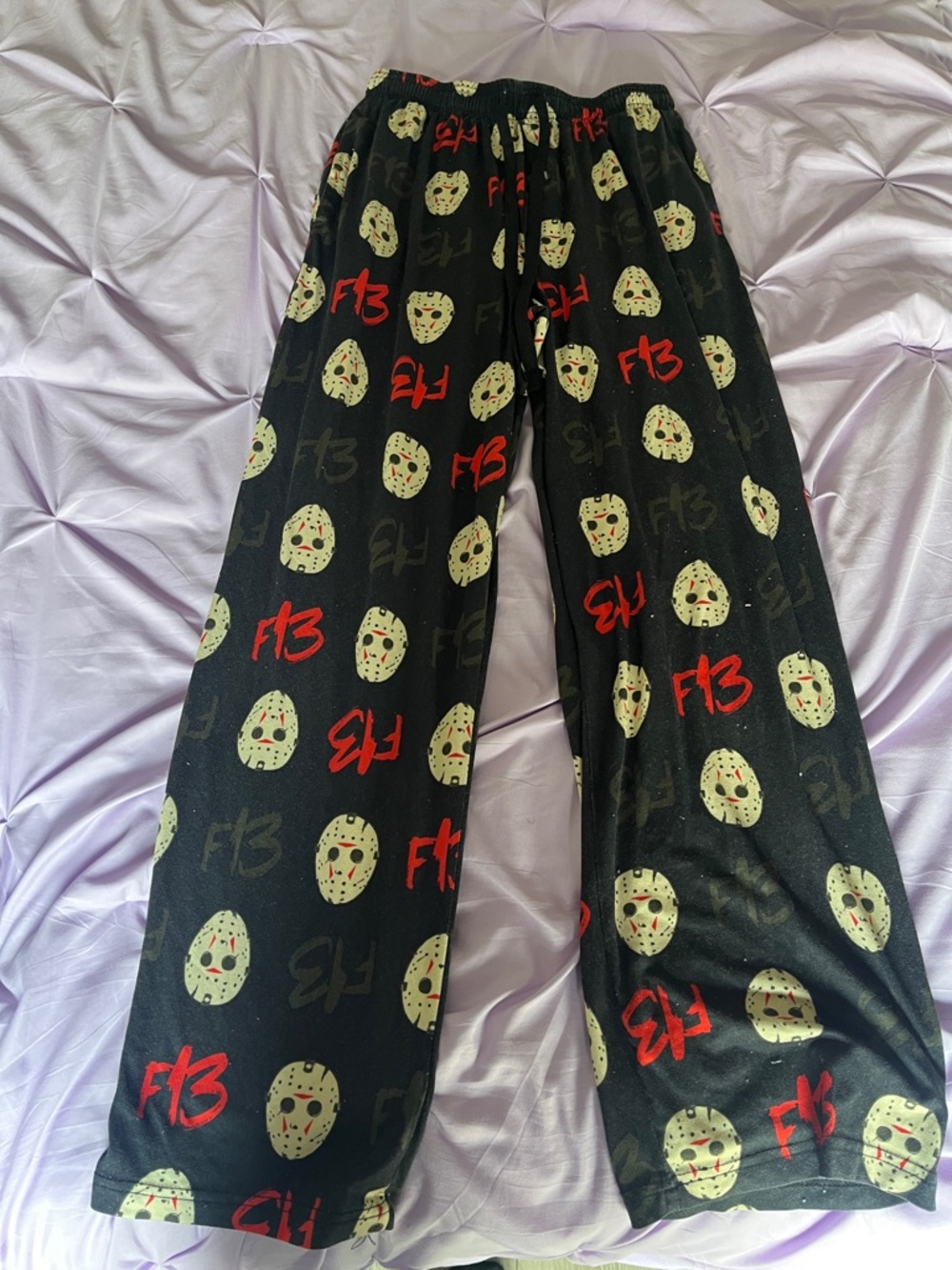 Black Graphic Jogger Pants with Red 'F13' and Cream Mask Print